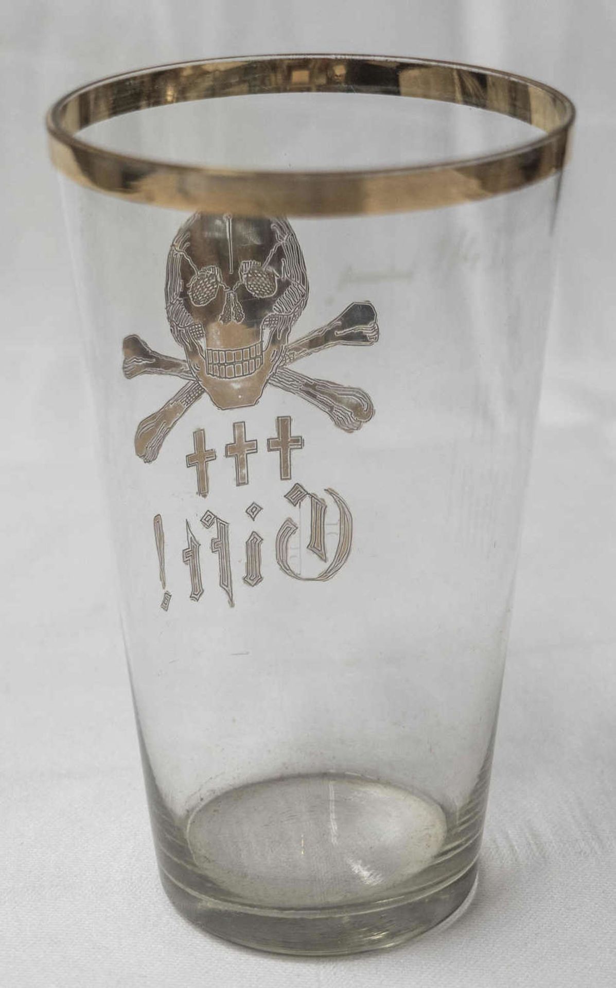 Ein altes Gift - Glas, dünnwandig, 1/4 Liter. Höhe: ca. 12 cm. Goldrand. - Bild 2 aus 2