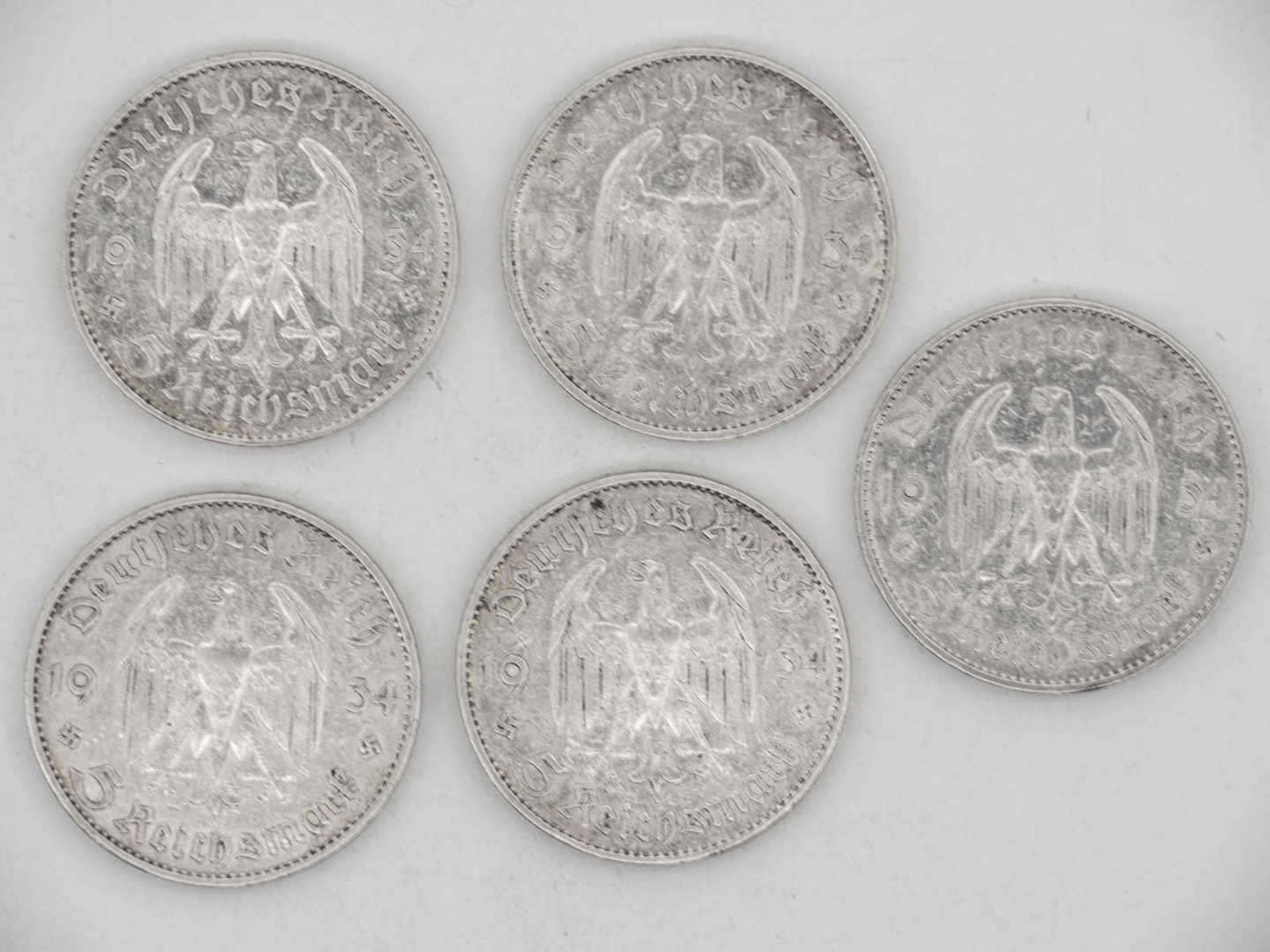 Deutschland 1934 A, D, E, F, G, Lot 5.- Reichsmark - Silbermünzen "Garnisonskirche". Qualität: ss. - Bild 2 aus 2