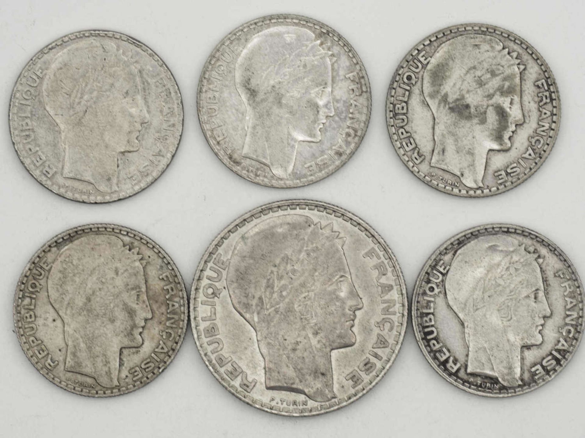 Frankreich 1929/33, Münzlot, bestehend aus 5 x 10.- Francs und 1 x 20 Francs. Qualität: ss. - Bild 2 aus 2