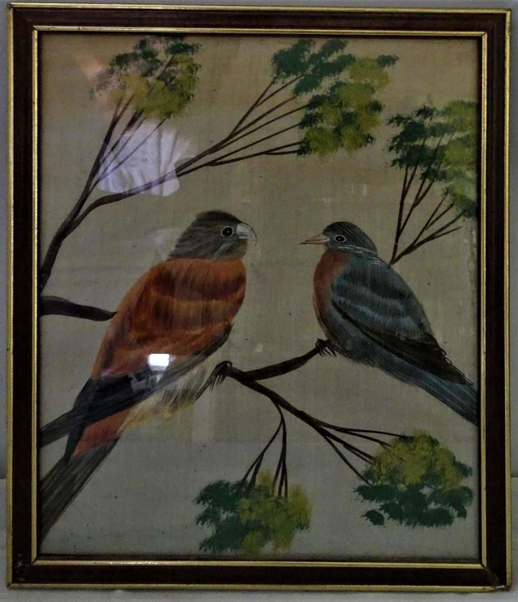 unbekannter Künstler, Aquarell auf Seide "Vogelpaar", hinter Glas gerahmt. Maße: Höhe ca. 29 cm,