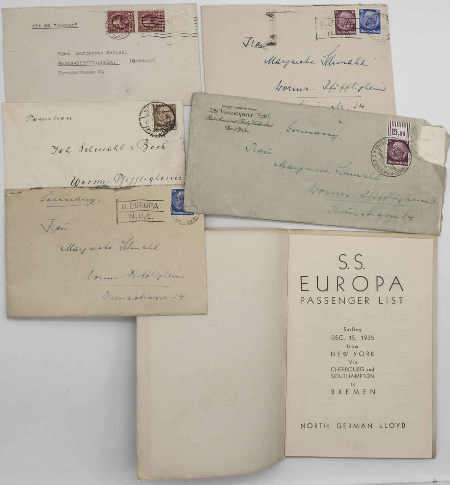 Lot Briefe, Schiffspost SS Europa, SS Bremen der Norddeutsche Lloyd. Dazu Passagierliste der SS