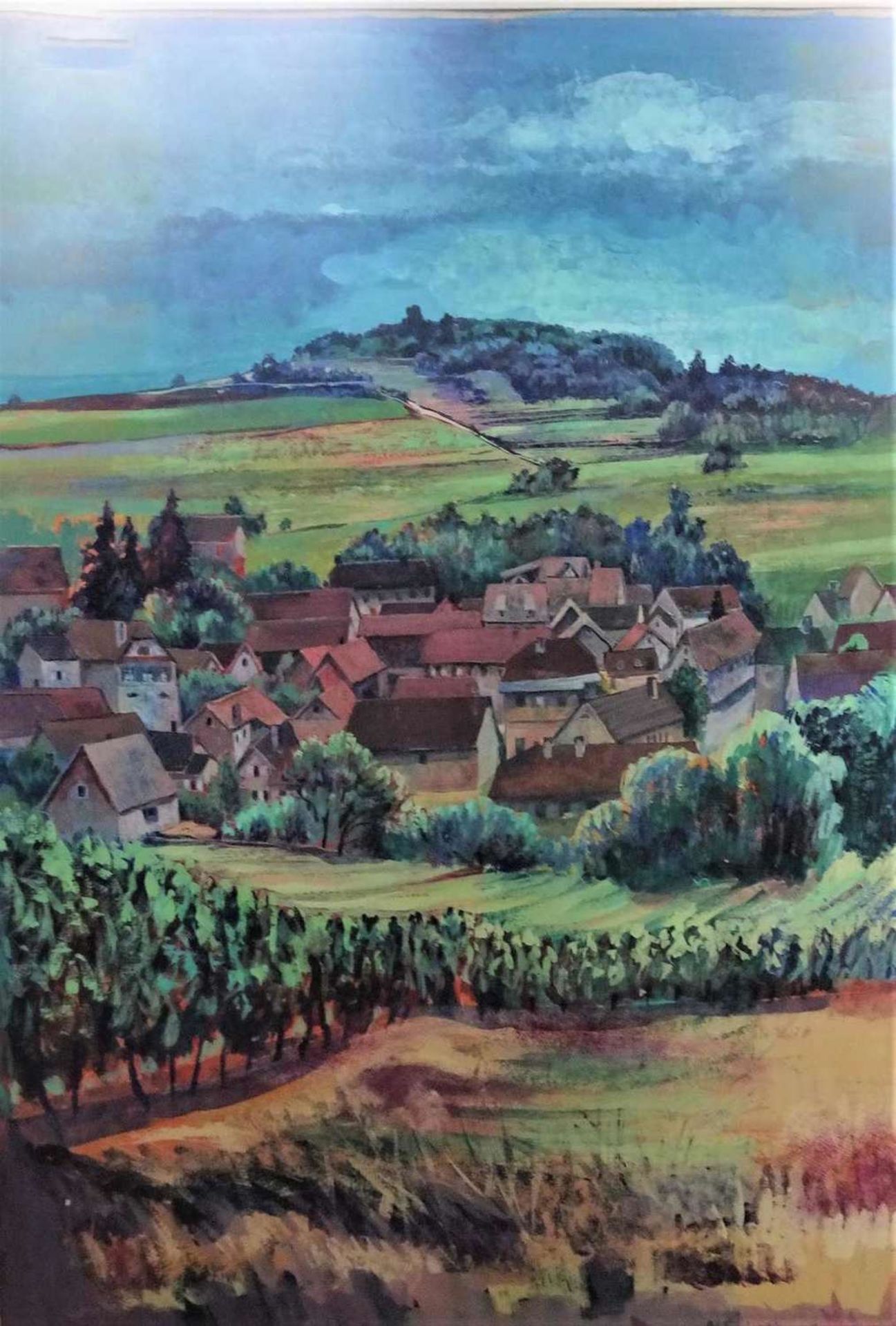 Monique Friedlin-Binaepfel (1923-2014), Aquarell auf Papier "Landschaft & Dorf im Elsaß". Rechts