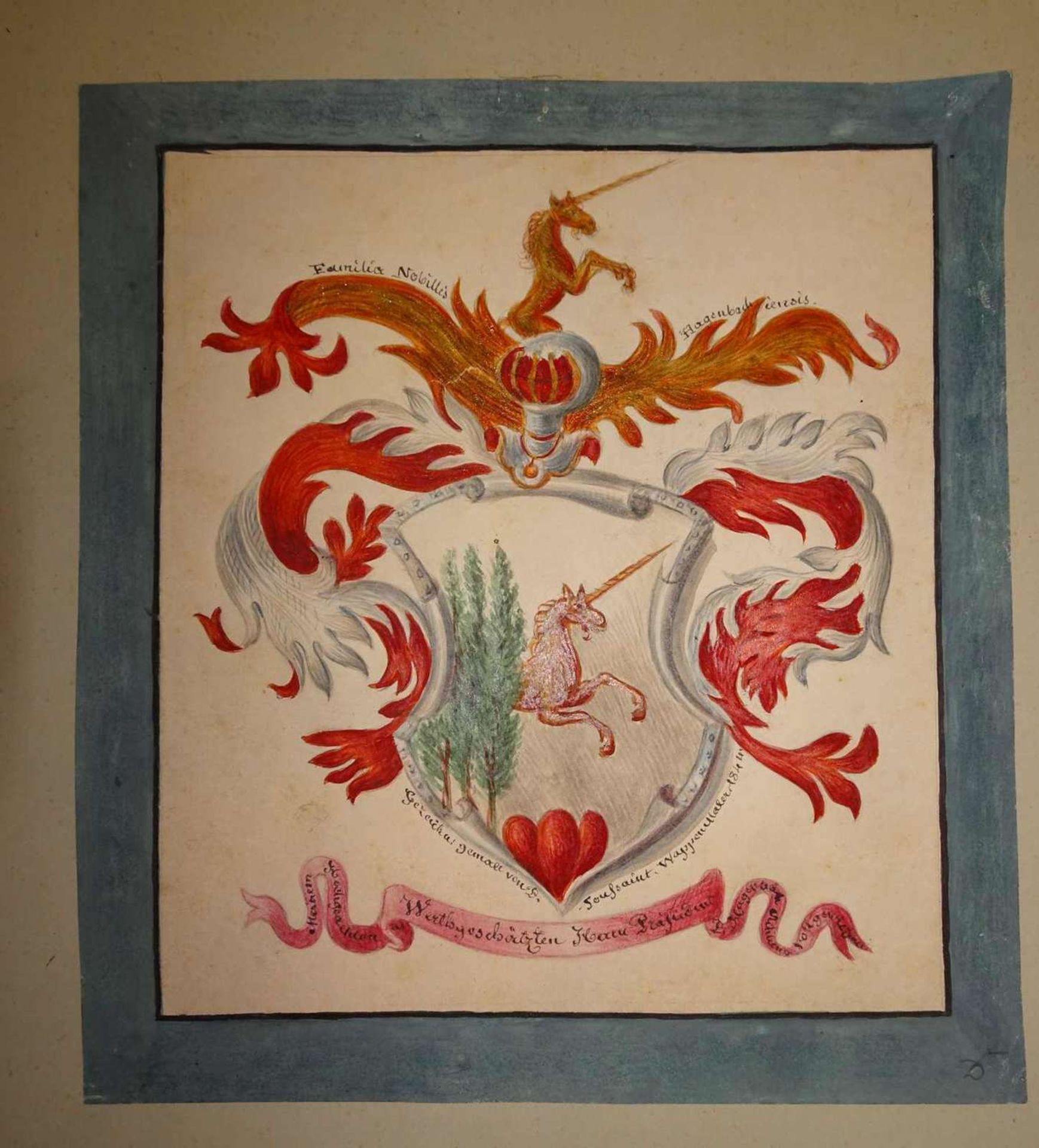 Wappenkunst, Aquarell. Graffen von Hagenbach. 1x Höhe ca. 22,3 cm, Breite ca. 20,3 cm, 1x Höhe ca. - Image 2 of 3