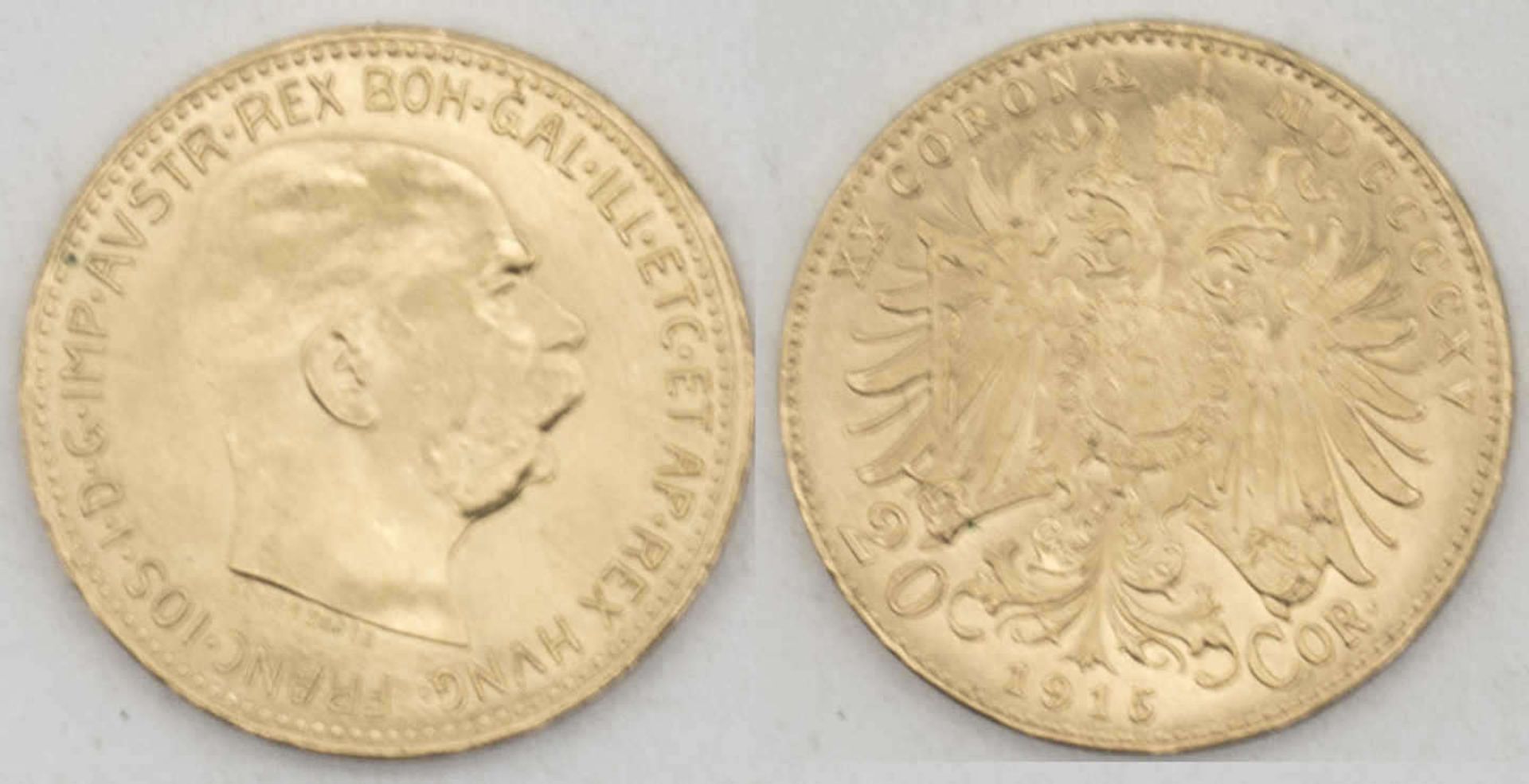 Österreich 1915, 20.-Cor. - Goldmünze "Franz Joseph I.". Gewicht: ca. 6,8 g. VZ. Austria 1915, 20.-