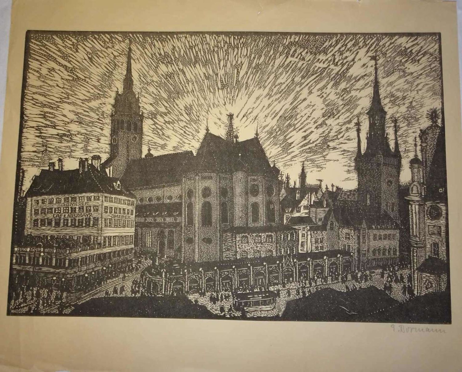Emma Bormann (1877 - 1974), Holzschnitt "Petersbergl in München", rechts unten signiert. Maße: Höhe