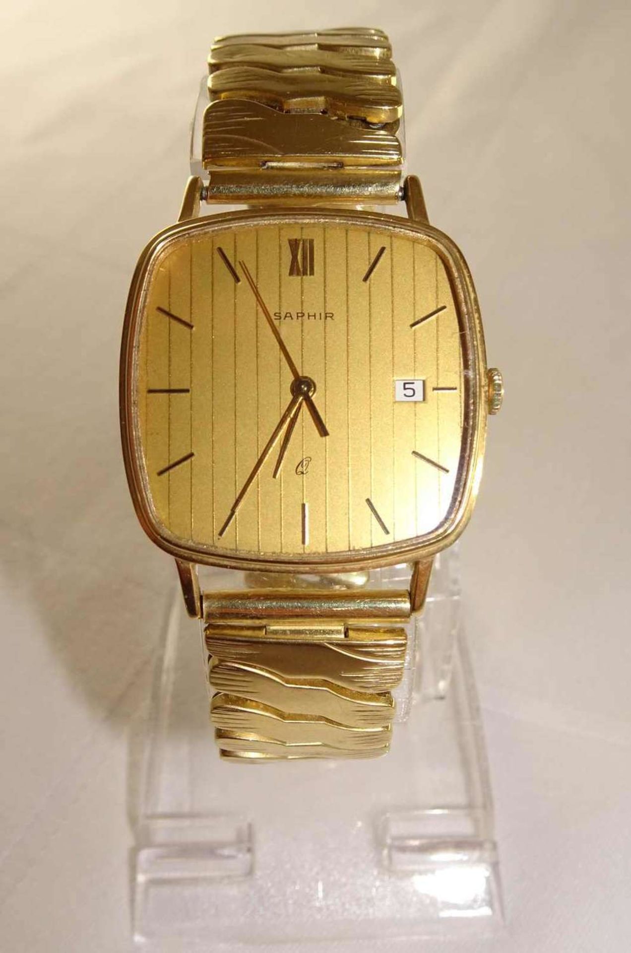 Herrenarmbanduhr Saphir, 585er Gelbgold, Quartz mit Datumsanzeige. Mit Elasto-Fixa Armband, dieses - Bild 2 aus 6