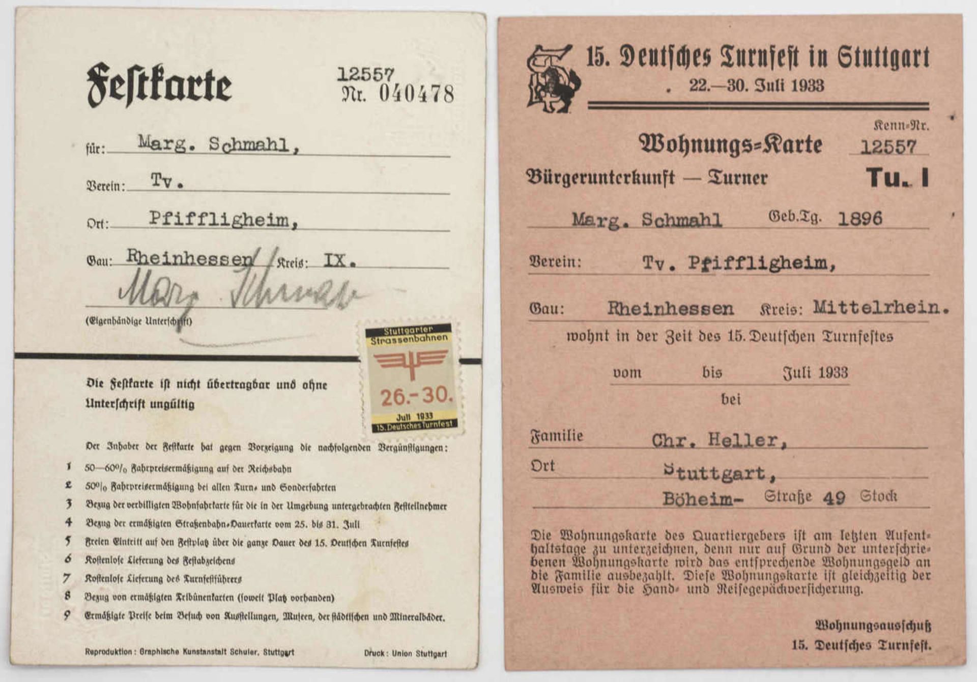 15. Deutsches Turnfest in Stuttgart 22. - 30. Juli 1933: 1 x Wohnungskarte und 1 x Festkarte. 15th - Image 2 of 2