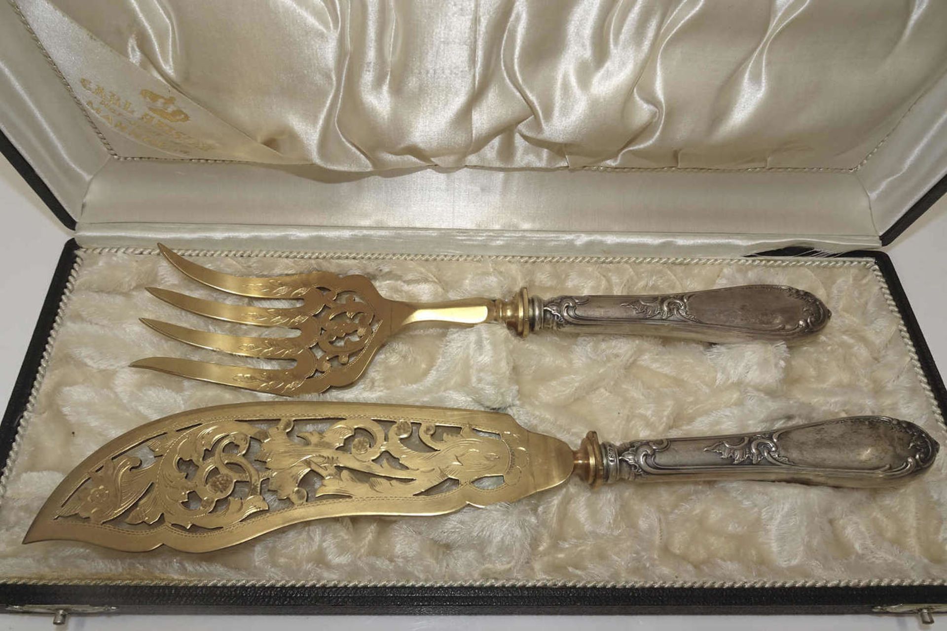 Vorlage Besteck, Silber, in Schatulle Karl Heisler, Hofjuwelier Mannheim. Original cutlery, silver,