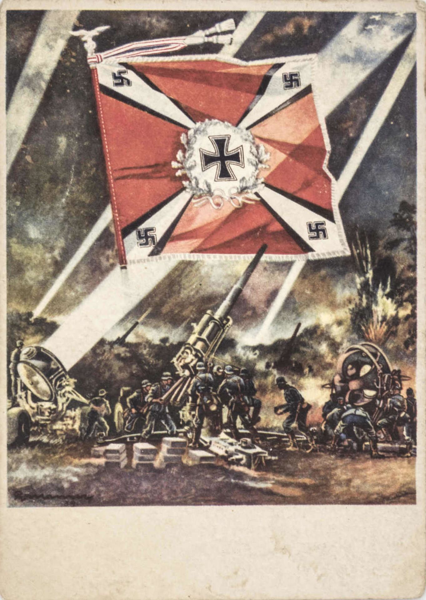 Drittes Reich, Propaganda - AK mit Flak und Banner, Feldpost. Third Reich, Propaganda - AK with