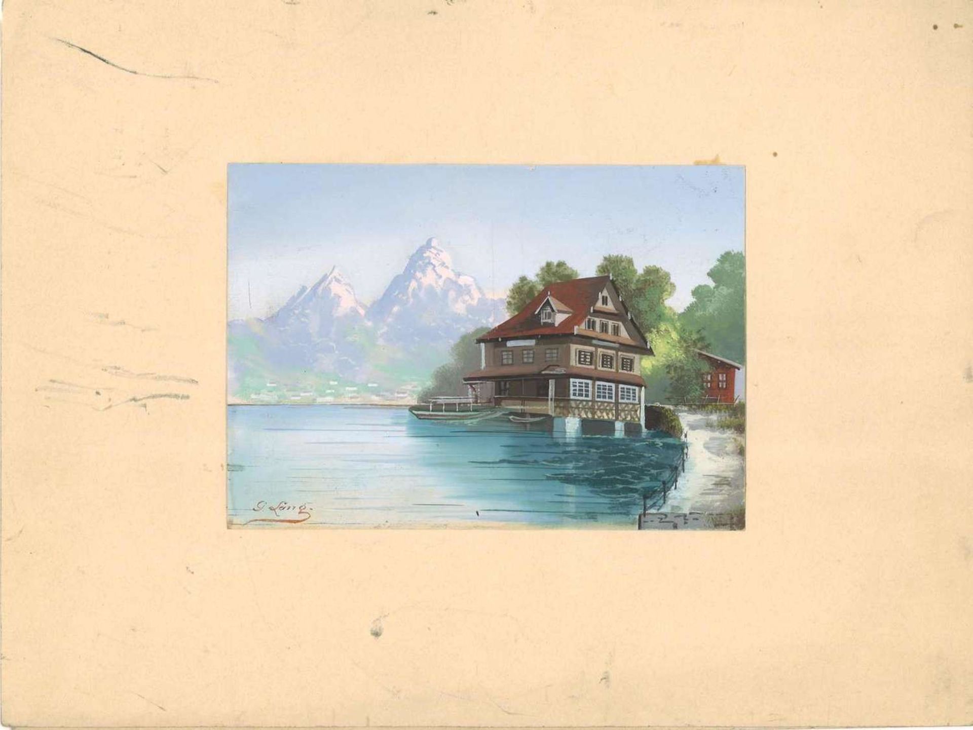 G. Lang, 2 Aquarelle "Bergkulisse mit See", feine Malerei, guter Zustand. Höhe ca. 11,8 cm, Breite