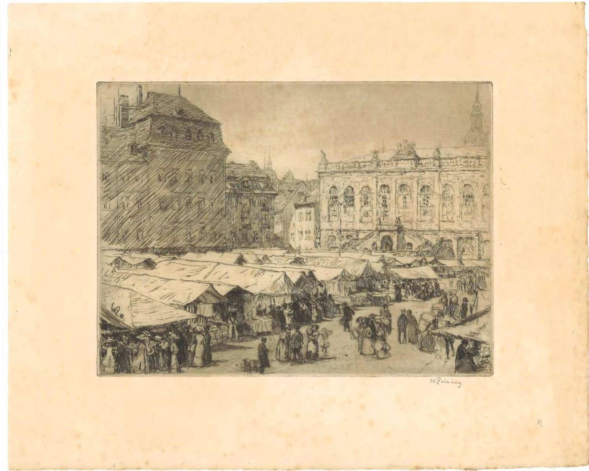 Walter Ernst Zeising (1876-1933), Radierung, "Dresden Markttag". Rechts unten signiert. Maße: Höhe