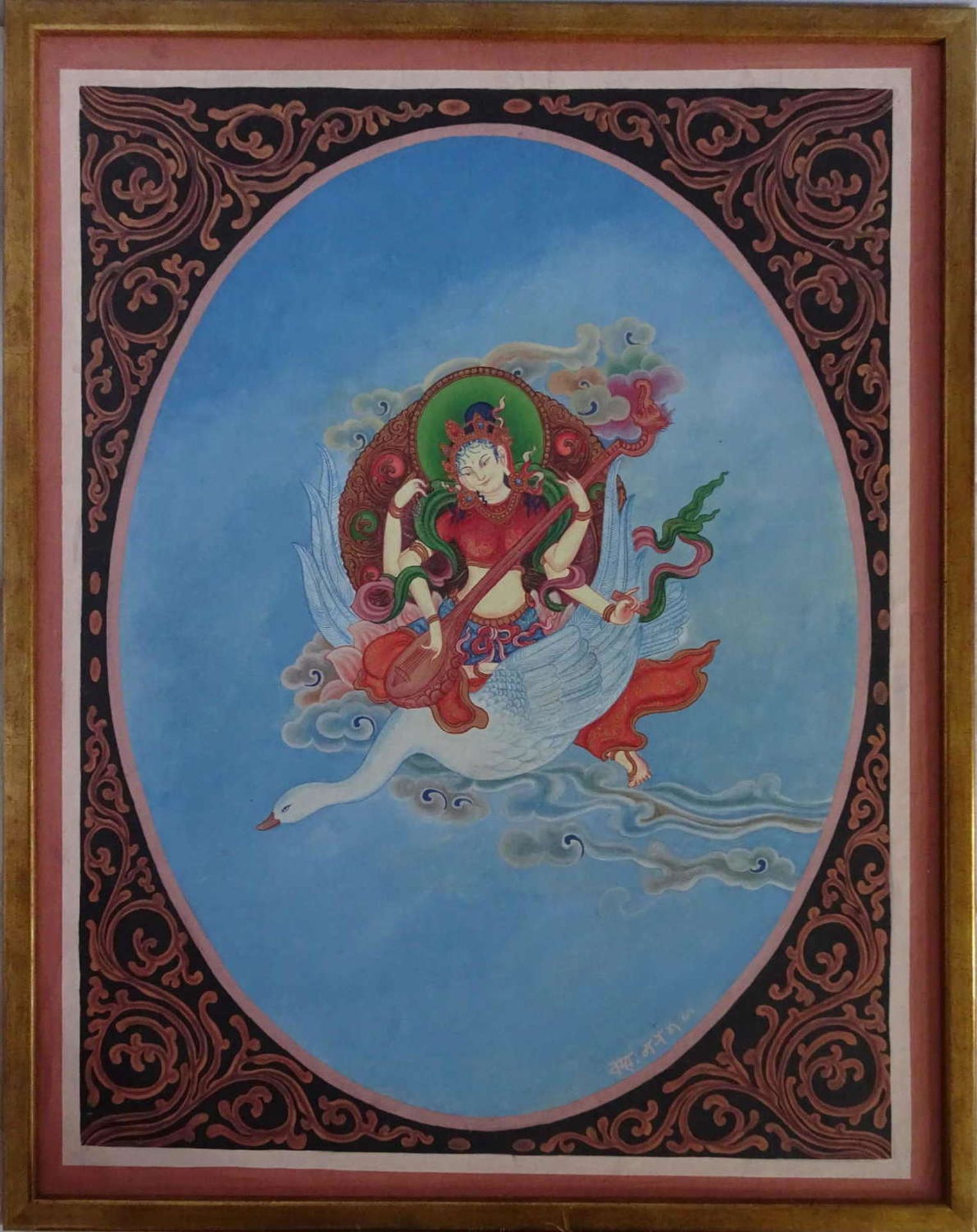 Nepal - Kreidefarben Bild, "Göttin mit Schwan", rechts unten Signatur. Wohl Klostermalerei. Sehr