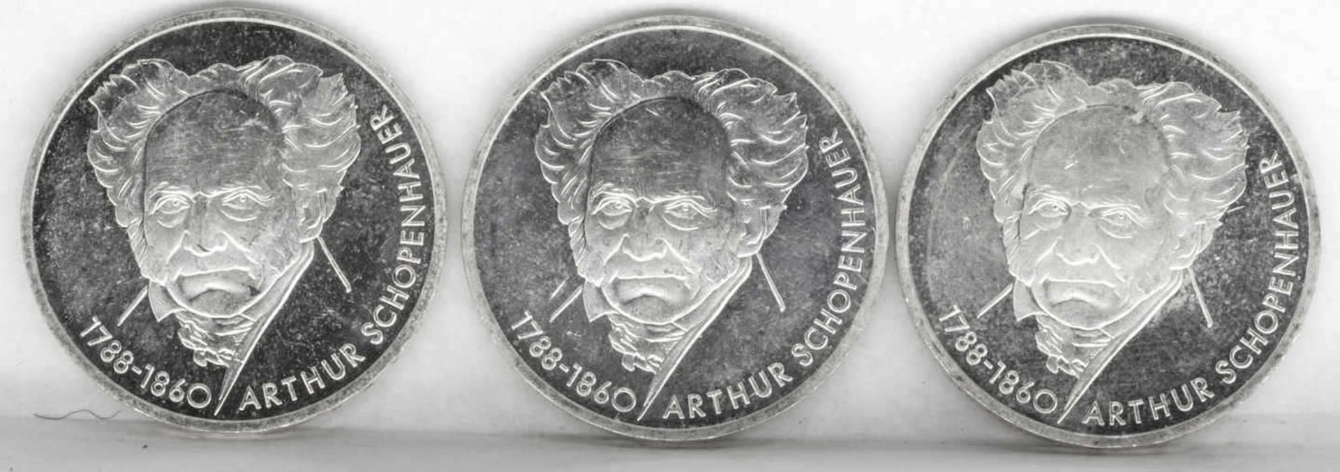 BRD 1988 D, 3 x 10.- DM - Silbermünzen "Arthur Schopenhauer". Stgl. FRG 1988 D, 3 x 10.- DM -