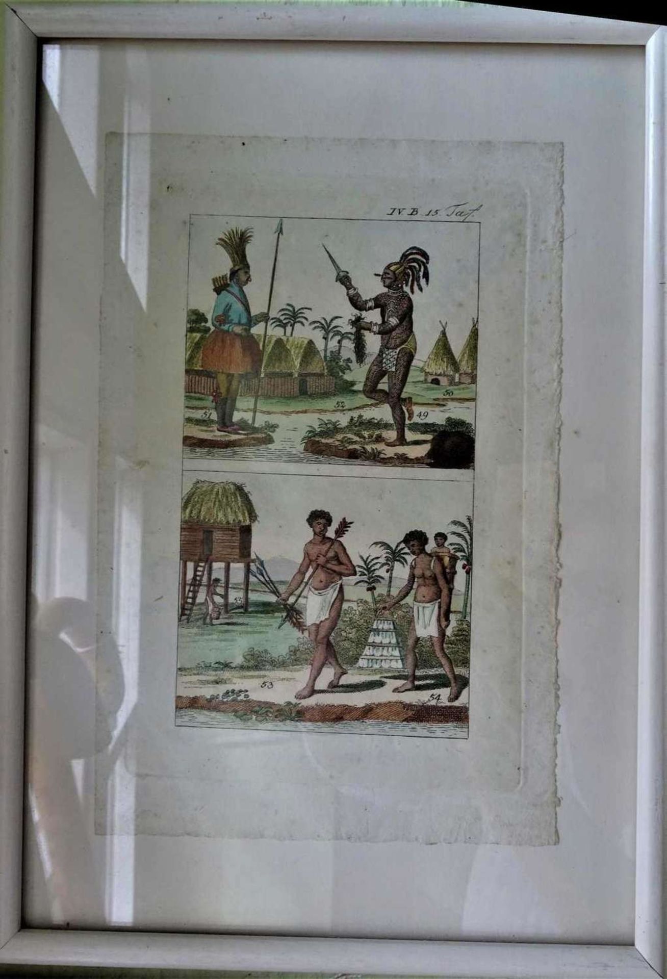 colorierter alter Kupferdruck "Amazonas", hinter Glas gerahmt. Blattmaße: Höhe ca. 21,5 cm, Breite