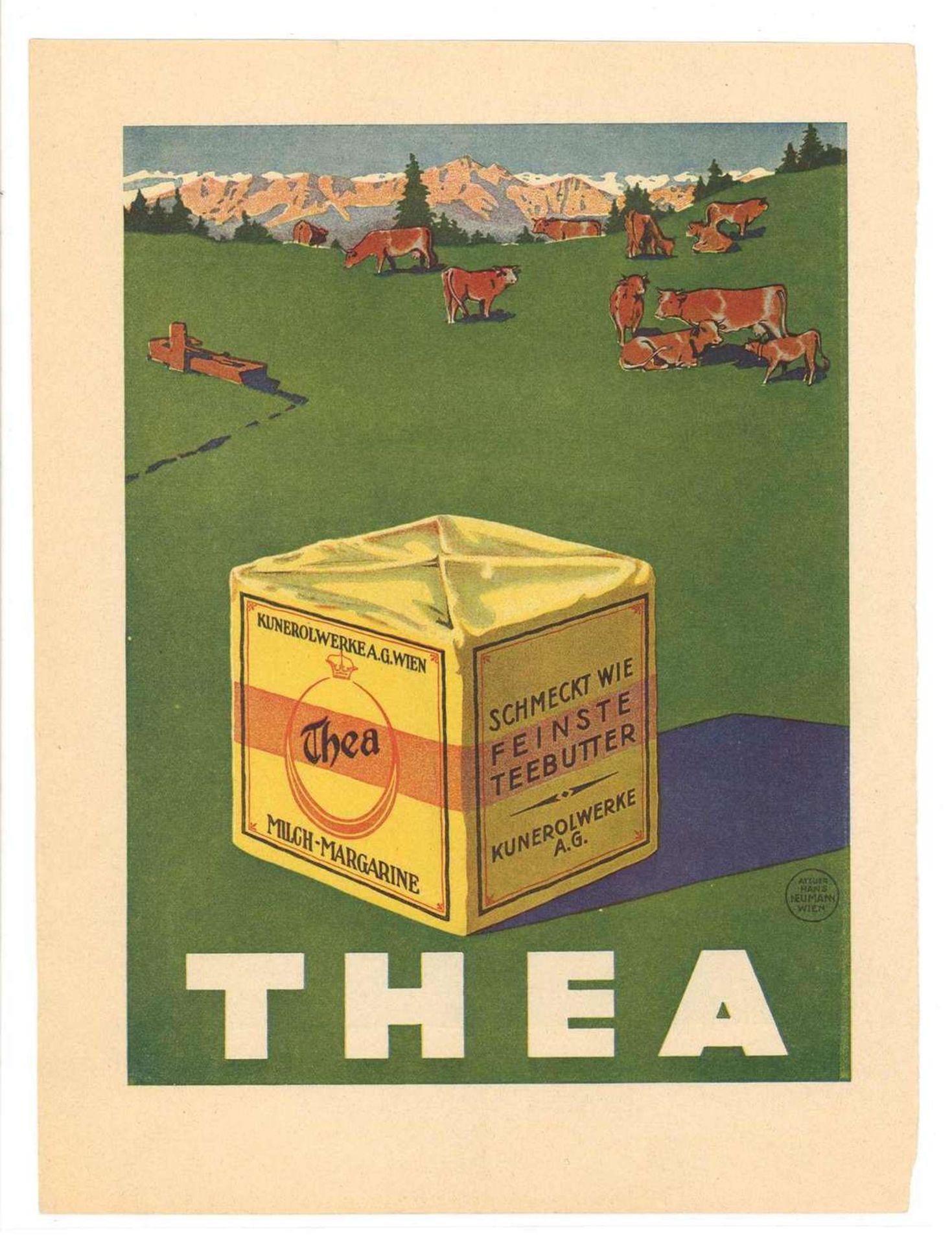 Werbeblatt "Thea Milch-Margarine, 1925. Maße: Höhe ca. 25,5 cm, Breite ca. 19,4 cm Advertising