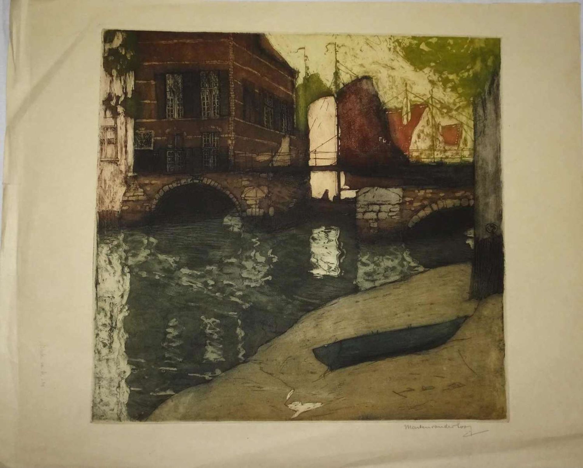 Marten van der Loo (1880-1920), Farbradierung "Brücke über die Nethe in Lierre". Rechts unten