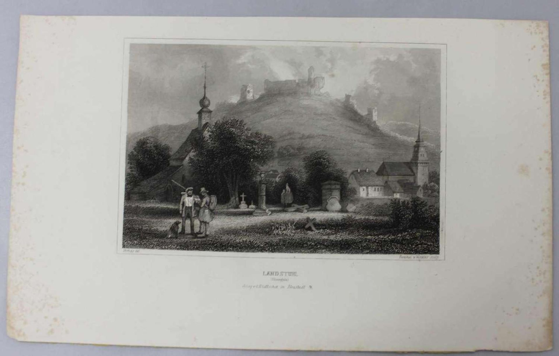 Stahlstich "Landstuhl" Blick auf den Ort, von Frommel und Winkles um 1850 Steel engraving "