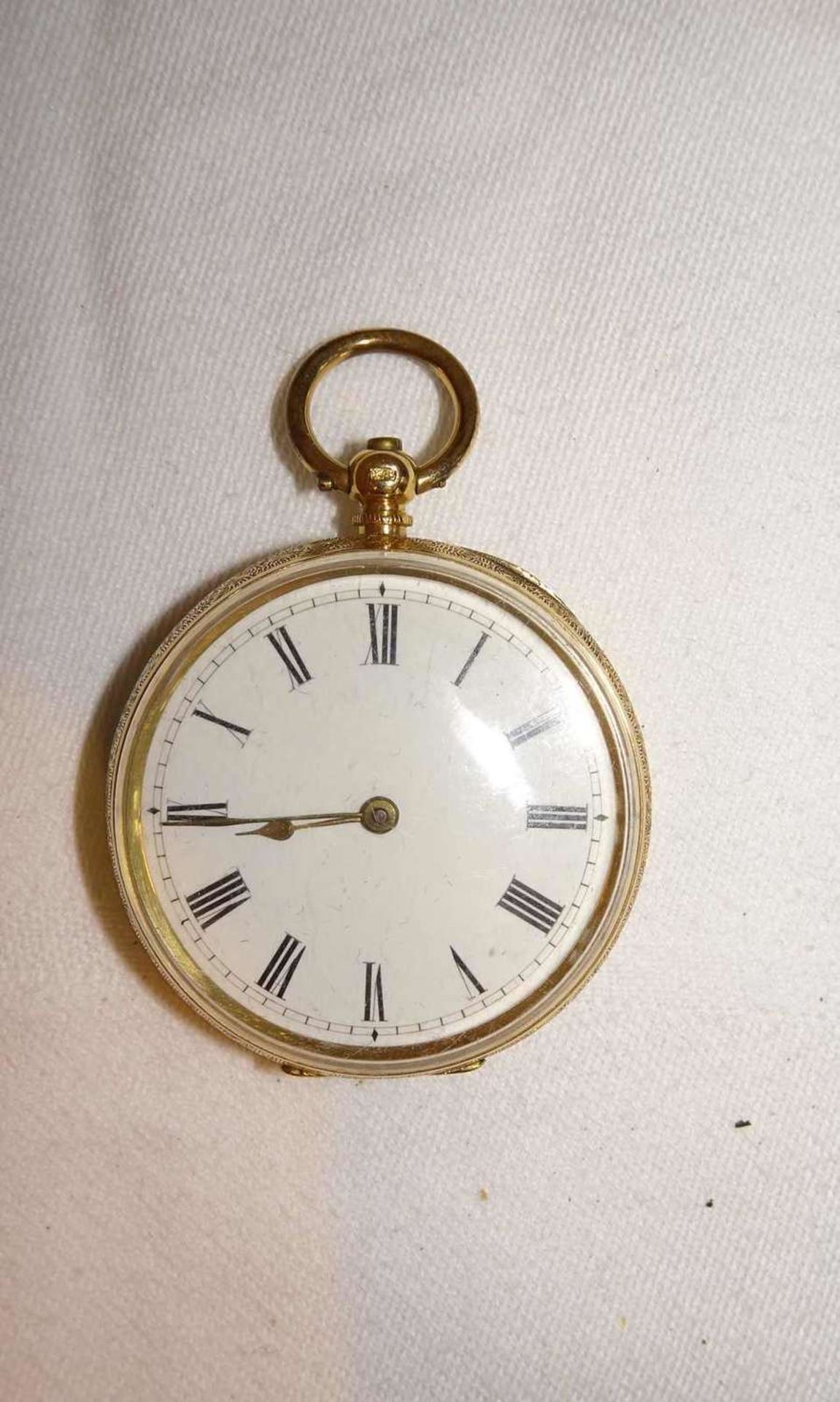 Taschenuhr, 750er Gelbgold, Innendeckel Metall. Pocket watch, 750 yellow gold, inner cover metal.