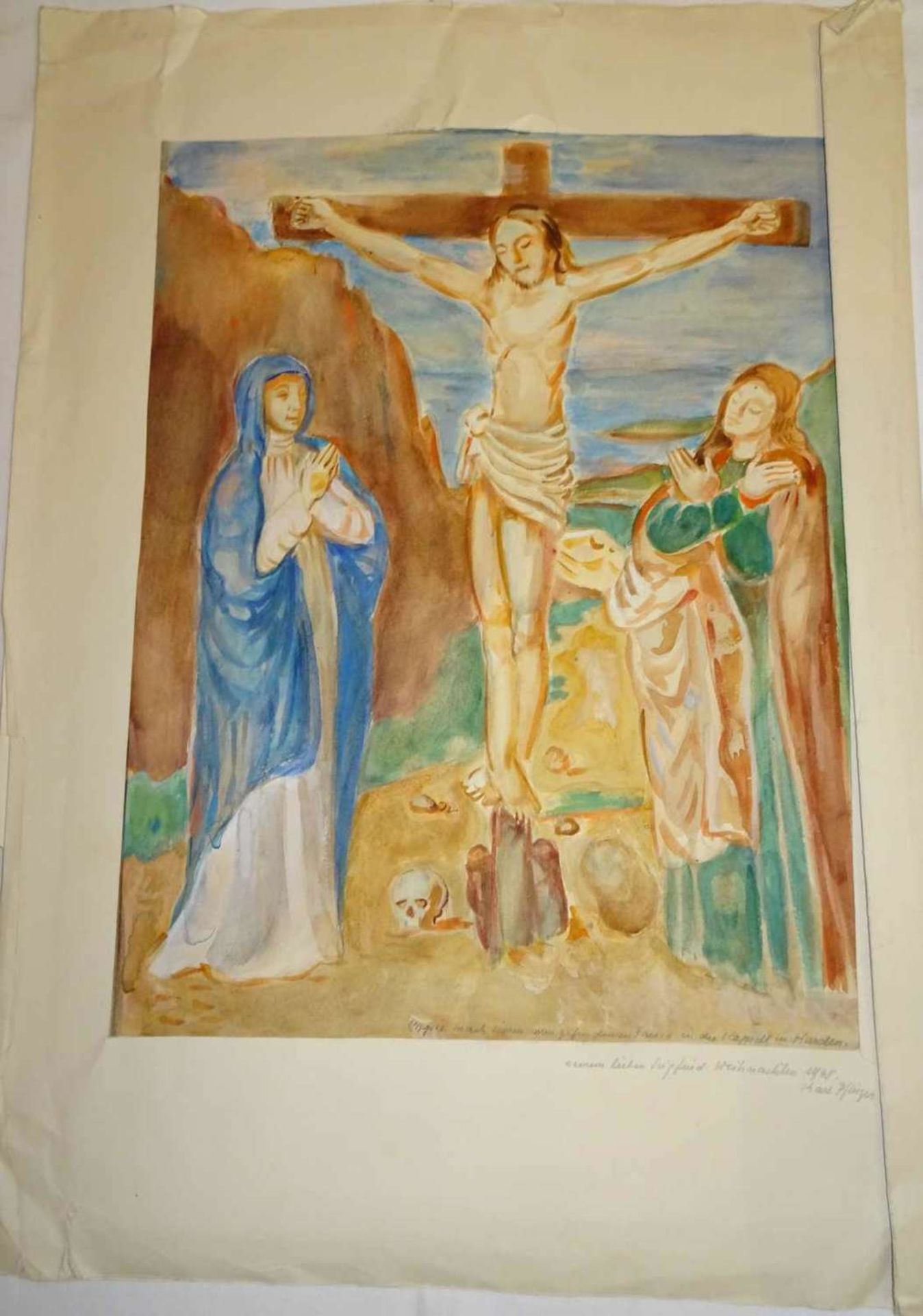 Karl Pflüger (1884-1974), Aquarell auf Papier, nach einem Fresco in der Kapelle in Harden. Signiert