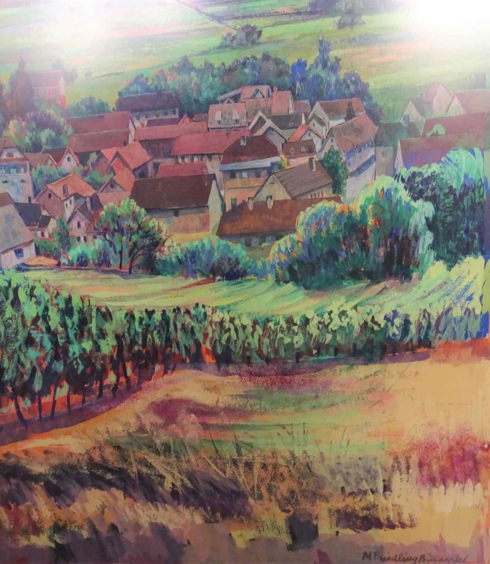 Monique Friedlin-Binaepfel (1923-2014), Aquarell auf Papier "Landschaft & Dorf im Elsaß". Rechts - Bild 2 aus 3