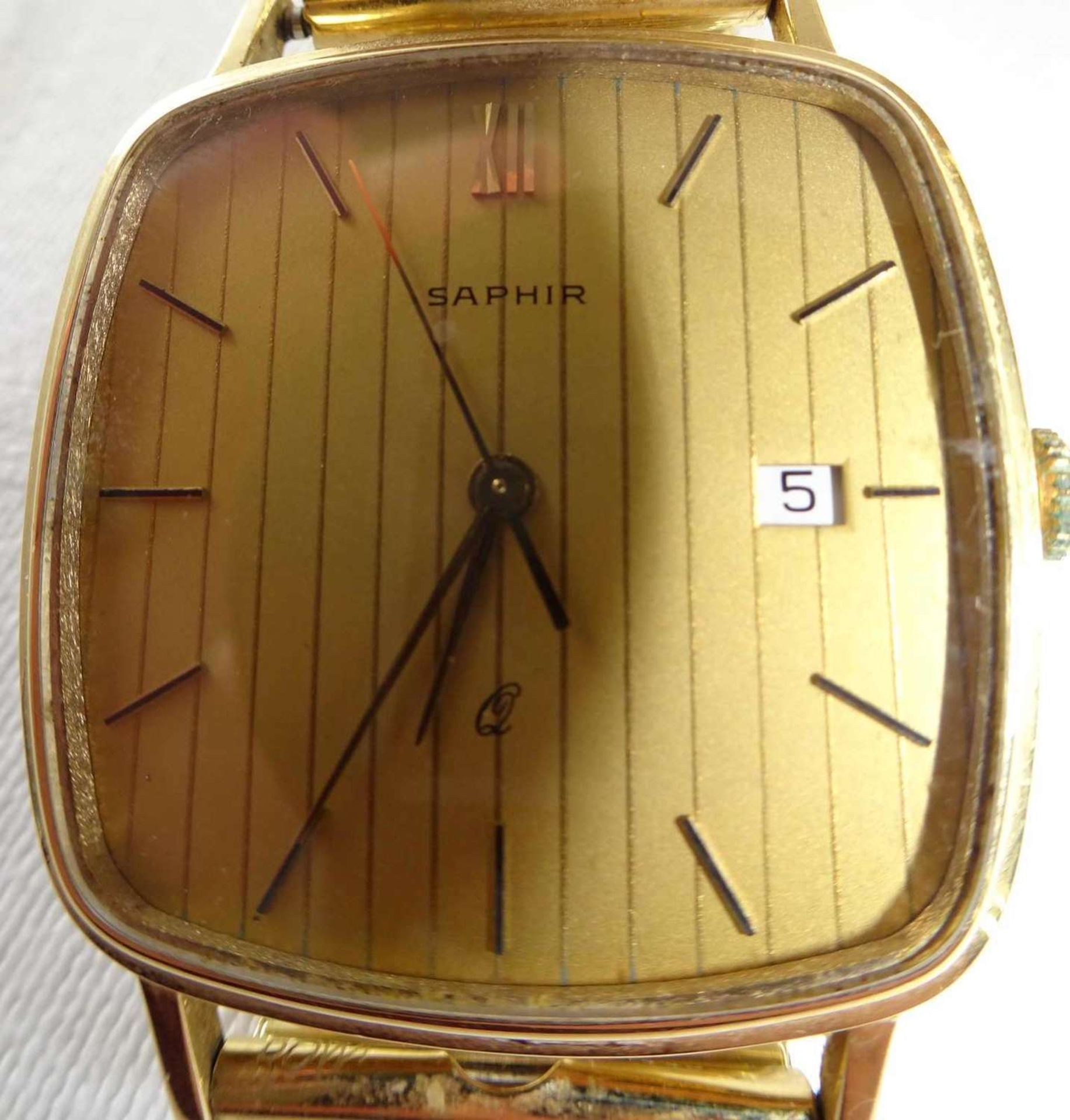 Herrenarmbanduhr Saphir, 585er Gelbgold, Quartz mit Datumsanzeige. Mit Elasto-Fixa Armband, dieses - Bild 5 aus 6