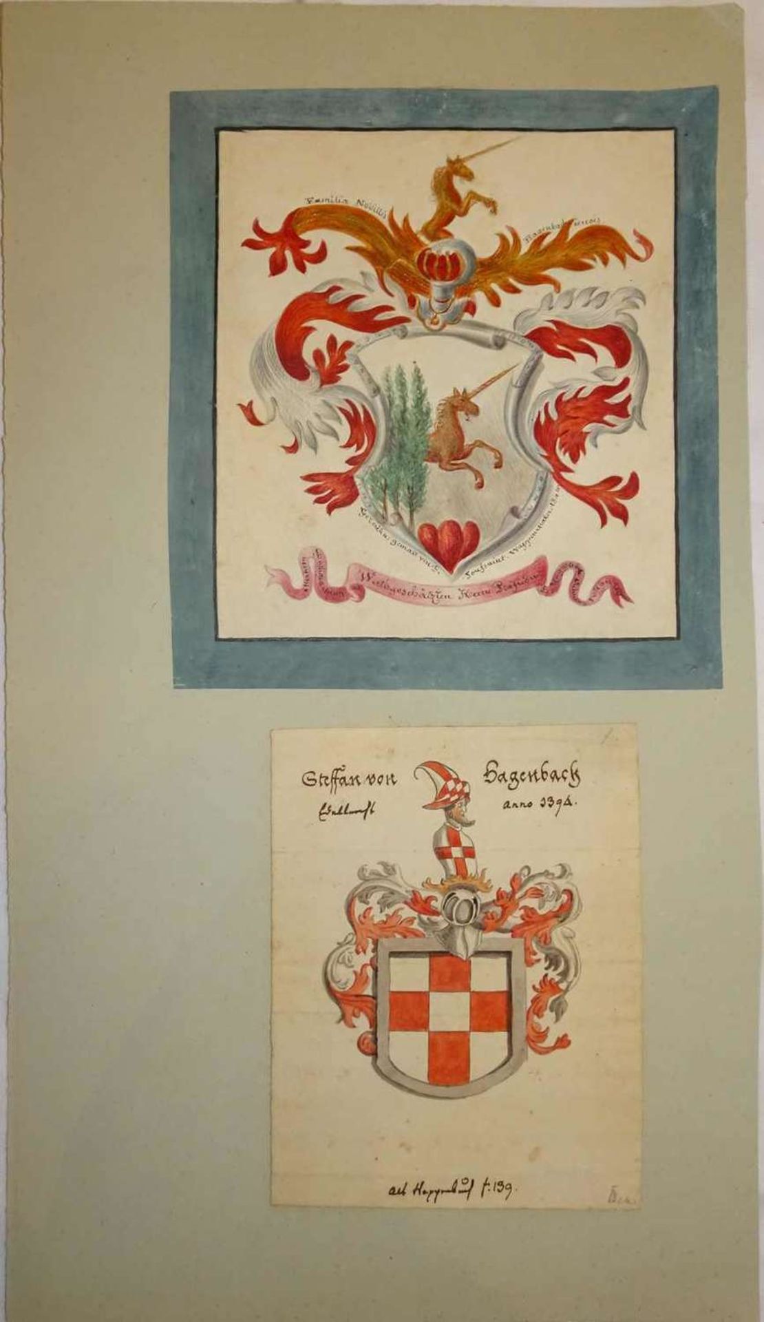Wappenkunst, Aquarell. Graffen von Hagenbach. 1x Höhe ca. 22,3 cm, Breite ca. 20,3 cm, 1x Höhe ca.