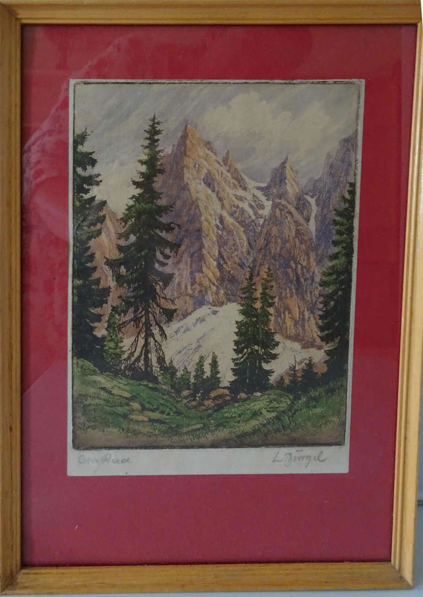 L. Dingel, Radierung "Hochgebirge mit Fichtenbestand". Blatt Höhe ca. 21cm, Breite ca. 15cm, Hinter
