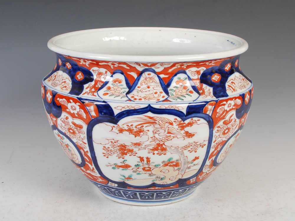 A late 19th/early 20th century Japanese Imari porcelain jardiniere, decorated with rectangular - Image 2 of 6
