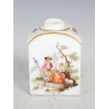 A 19th century Dresden porcelain tea caddy, decorated with panels of figures and Deutsche Blumen,