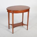 An Edwardian satinwood and marquetry inlaid occasional table, the oval top inlaid with a ribbon tied