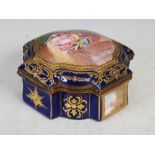A 19th century Sevres style gilt metal mounted cobalt blue ground porcelain casket/ sewing box, of