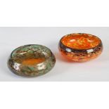 Two small Monart dishes/ pin trays, shape W and Y, the rarer shape W mottled black, orange and
