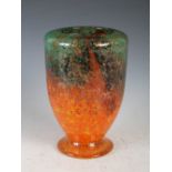 A Monart vase, shape NJ, mottled green, black, orange and yellow with three pulled up lines and gold