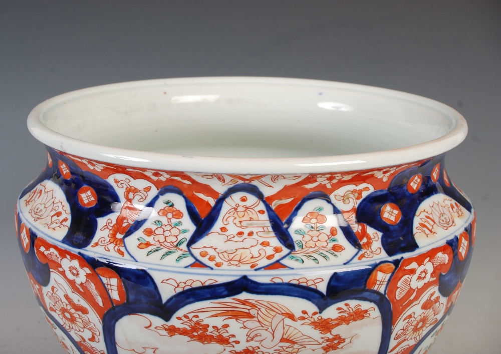 A late 19th/early 20th century Japanese Imari porcelain jardiniere, decorated with rectangular - Image 4 of 6