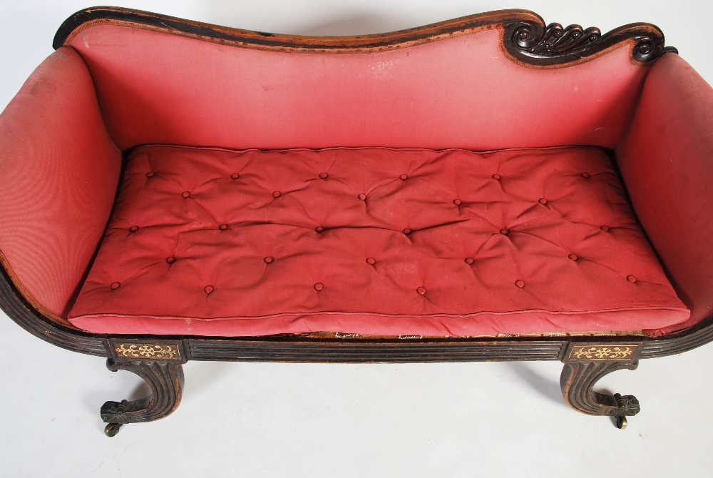 A Regency mahogany and brass inlaid sofa, the scroll carved top rail above an upholstered back and - Image 4 of 13