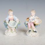 A pair of late 19th century Dresden porcelain figure groups of boy and girl, the boy modelled