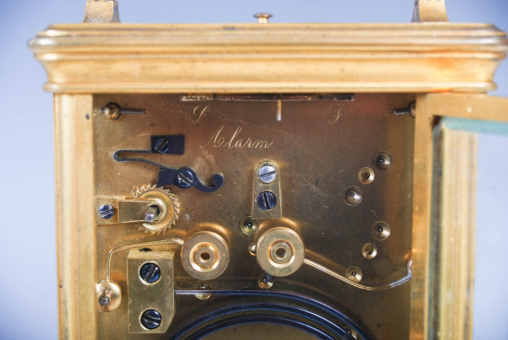 A 19th century brass cased repeater carriage clock with alarm, the white enamel dial with Arabic and - Image 9 of 12