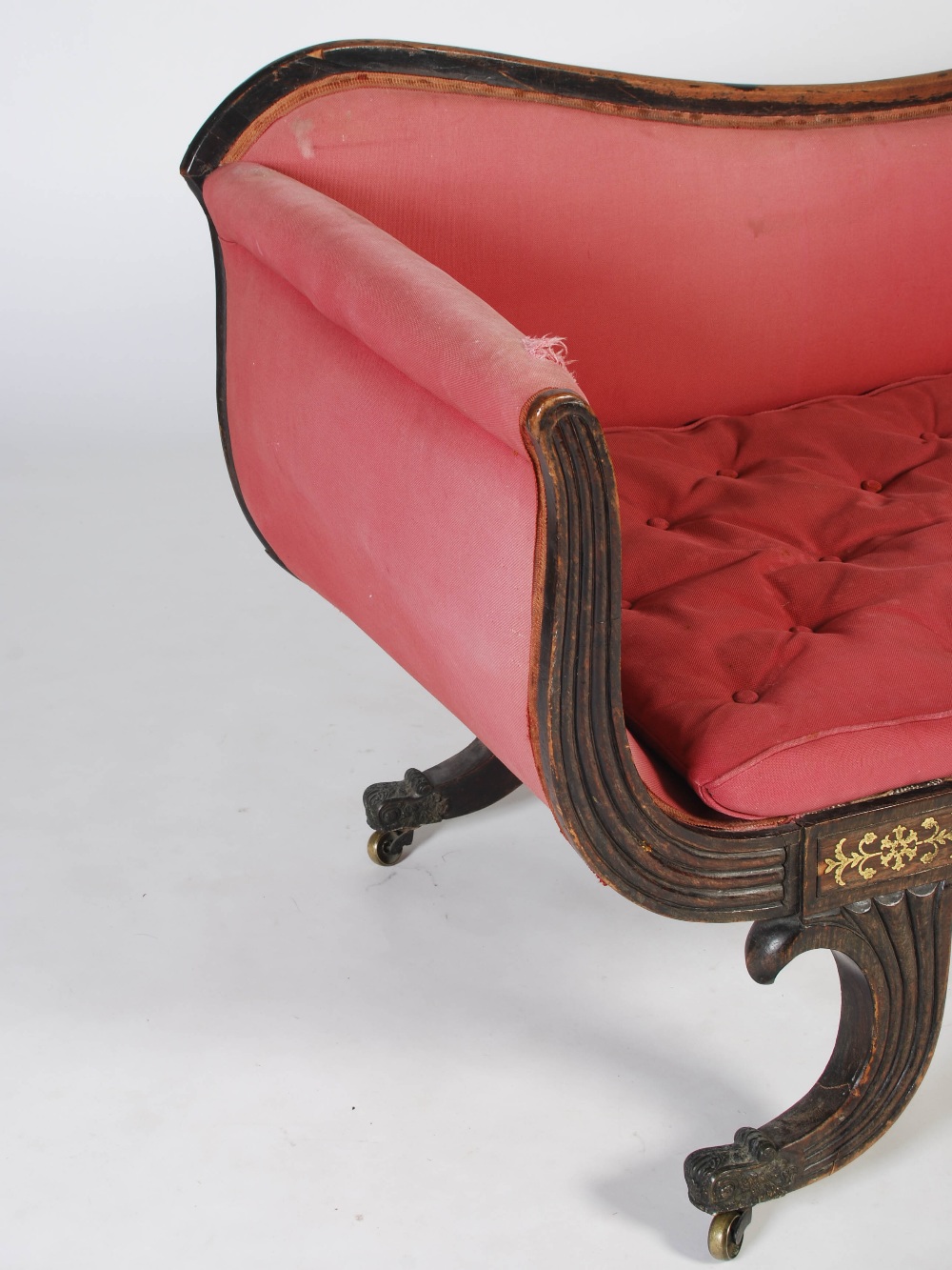 A Regency mahogany and brass inlaid sofa, the scroll carved top rail above an upholstered back and - Image 2 of 13