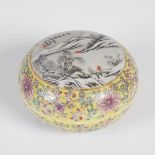 A Chinese porcelain yellow ground famille rose circular box and cover, Qianlong seal mark but later,