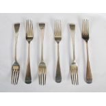 A set of six early 19th century silver forks, Exeter, five 1812, one 1828, makers marks rubbed,