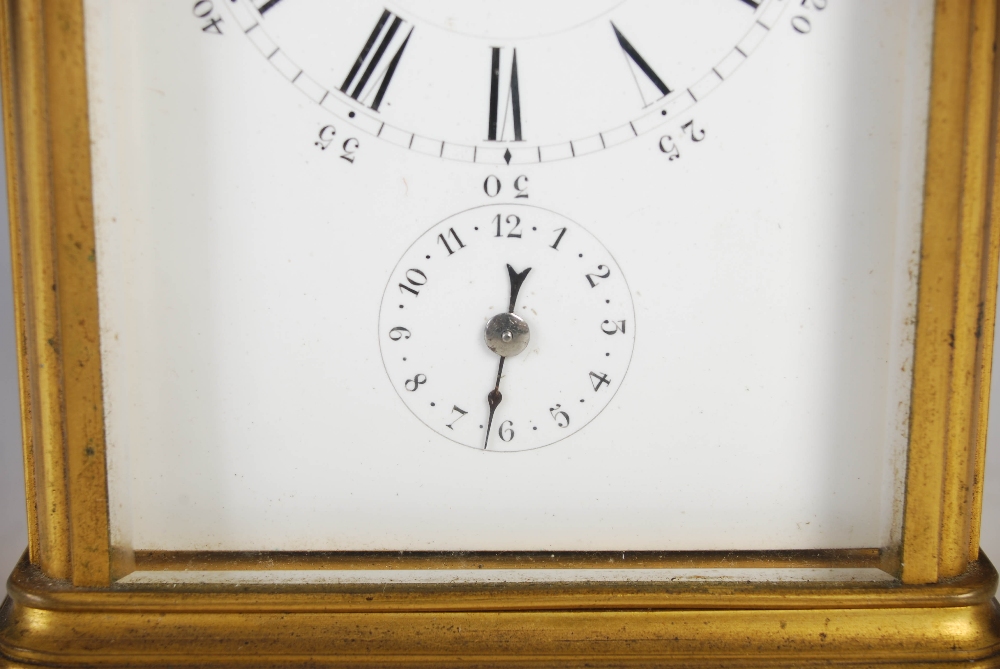 A 19th century brass cased repeater carriage clock with alarm, the white enamel dial with Arabic and - Image 6 of 12