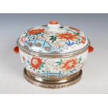 A Chinese porcelain white metal mounted twin handled tureen and cover, Qing Dynasty, the cover
