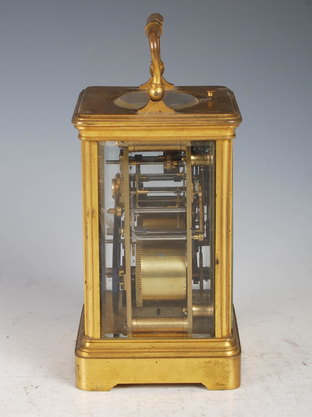 A 19th century brass cased repeater carriage clock with alarm, the white enamel dial with Arabic and - Image 4 of 12