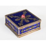 A rare late 19th/ early 20th century Russian silver, blue enamel and topaz square shaped box by Carl