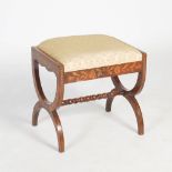 A 19th century Dutch mahogany and marquetry inlaid X-frame stool, the rectangular top with drop in