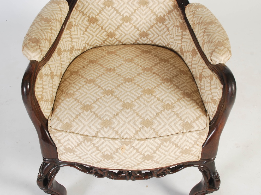 A pair of Chinese dark wood upholstered armchairs, Qing Dynasty, the shaped back, arms and stuffover - Image 5 of 8