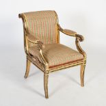 A 19th century gilt wood and ebonised Regency style armchair, the upholstered scroll over back