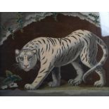 A pair of 19th century needlework and stumpwork pictures of a lion and a tiger by Jemima Merrlees