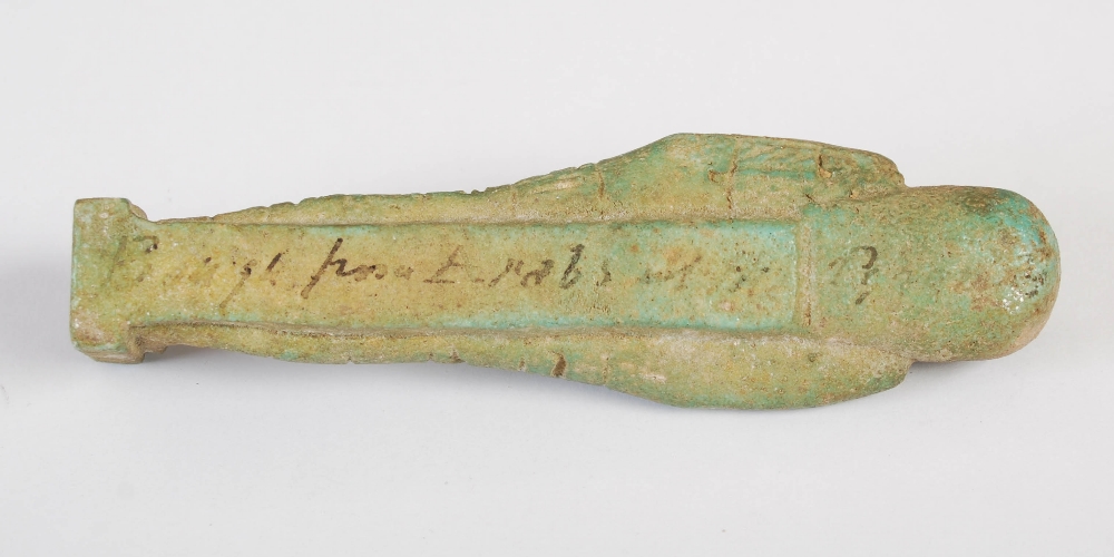 Antiquities- An Ancient Egyptian green glazed faience shabti, circa Late Period, with incised - Image 5 of 6