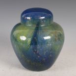 An early and rare Monart jar and cover, shape JE, mottled blue and green with three pulled up